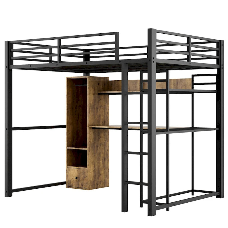 Full Size Metal Loft Bed with Built-in Wardrobe, Drawer, Desk and Shelves