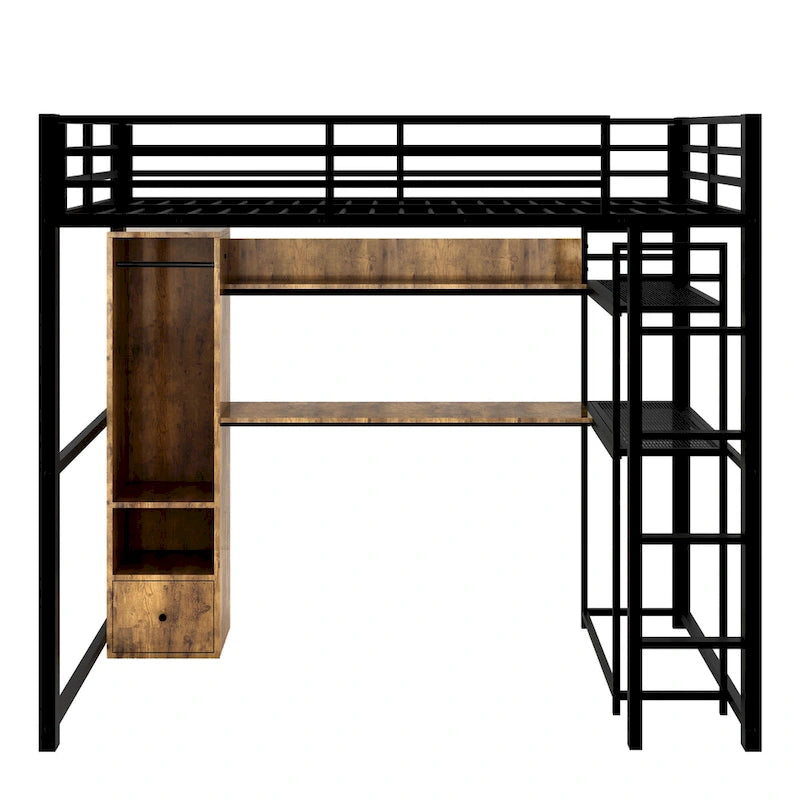 Lit mezzanine en métal de taille double avec armoire, tiroir, bureau et étagères intégrés