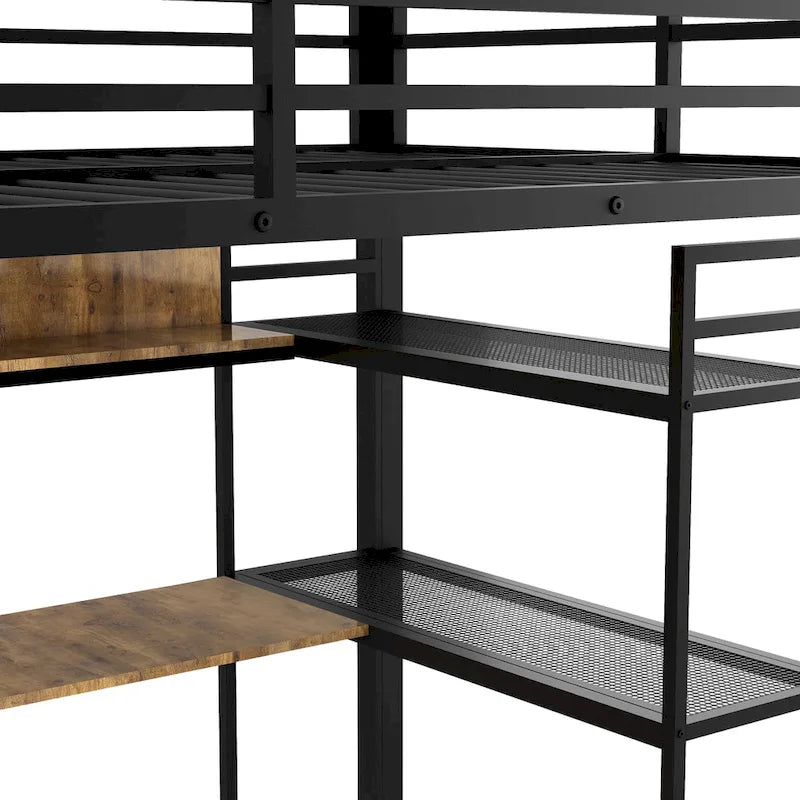 Lit mezzanine en métal de taille double avec armoire, tiroir, bureau et étagères intégrés