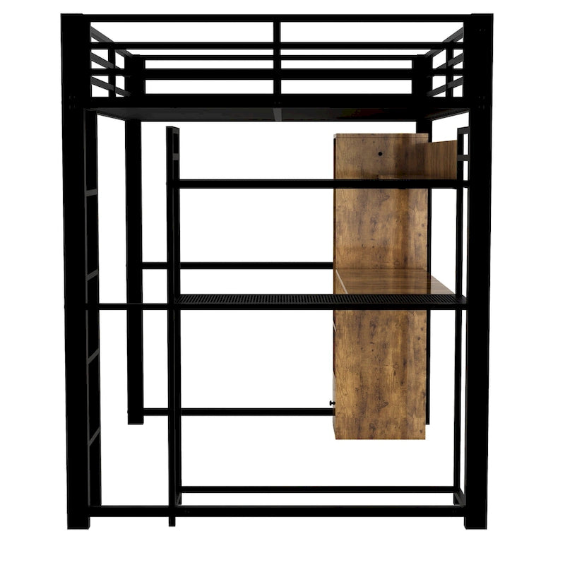 Lit mezzanine en métal de taille double avec armoire, tiroir, bureau et étagères intégrés