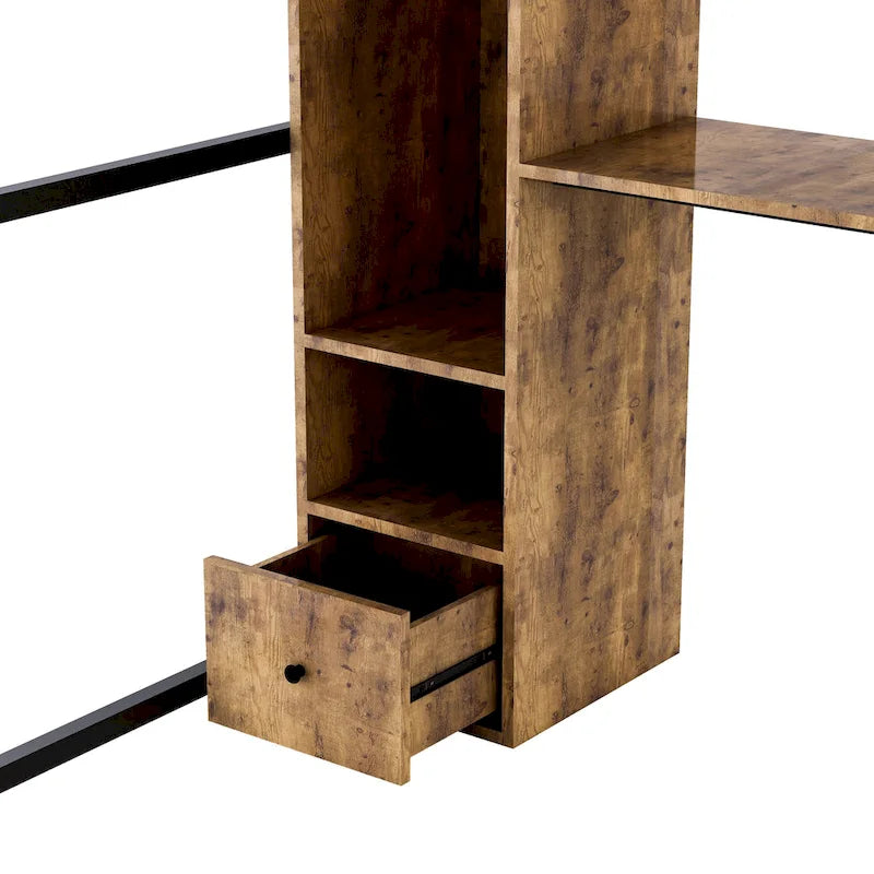 Lit mezzanine en métal de taille double avec armoire, tiroir, bureau et étagères intégrés