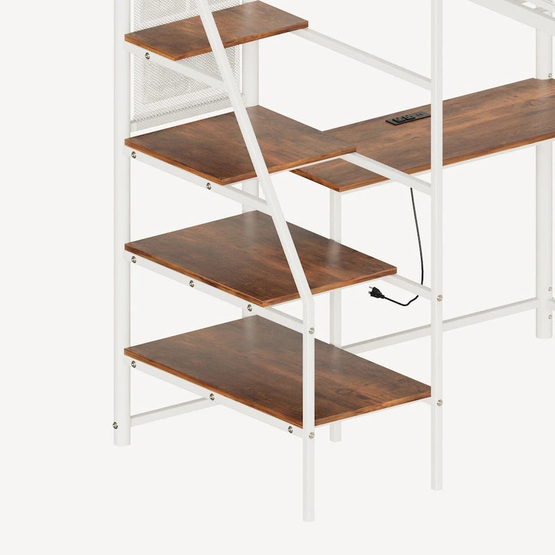 Lit mezzanine en métal noir de taille double avec bureau et LED