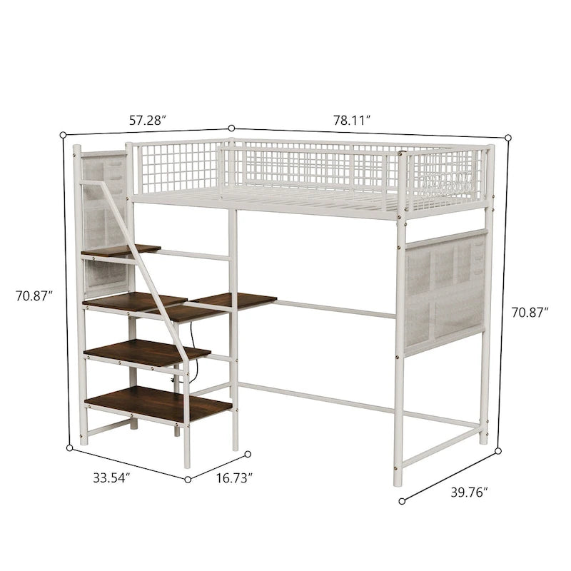 Lit mezzanine en métal noir de taille double avec bureau et LED