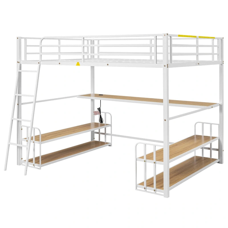 Full Size Metal Loft Bed with Desk, Storage Shelves and Charging Station