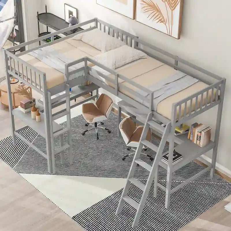 Lit mezzanine en bois en forme de L, double, avec échelle et 2 bureaux intégrés en forme de L