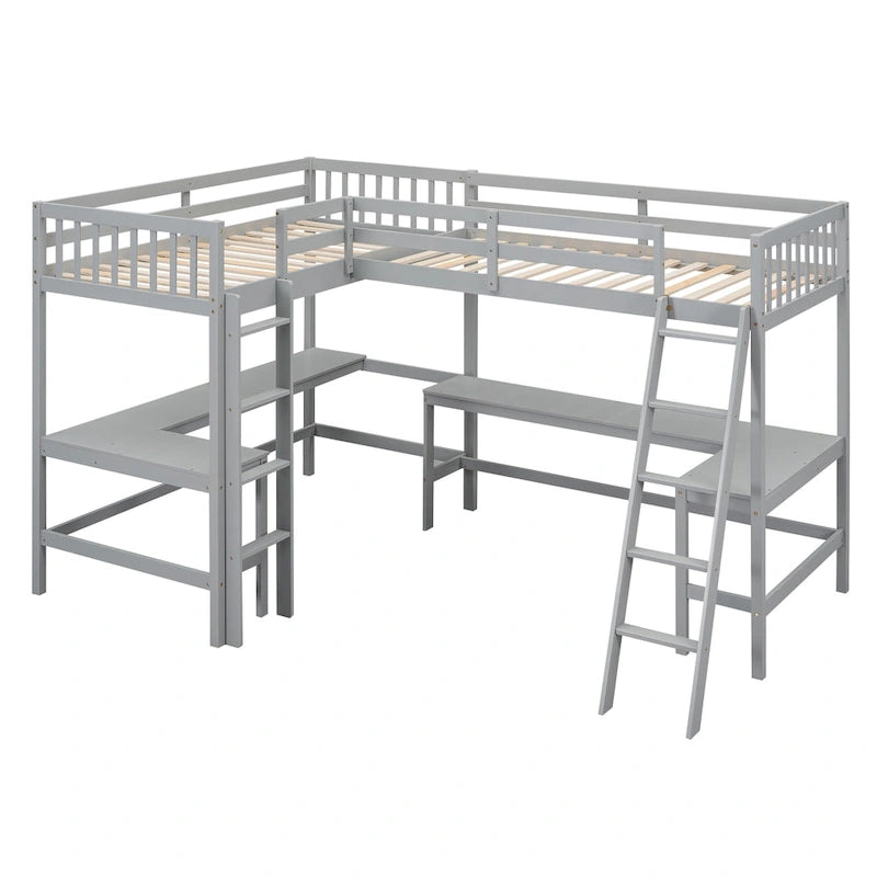 Lit mezzanine en bois en forme de L, double, avec échelle et 2 bureaux intégrés en forme de L