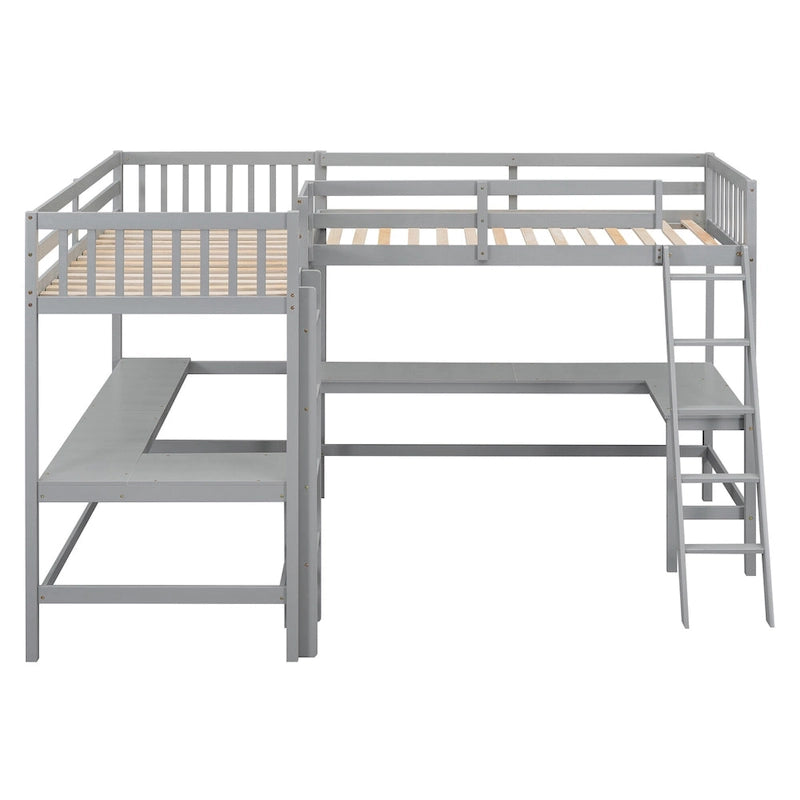 Lit mezzanine en bois en forme de L, double, avec échelle et 2 bureaux intégrés en forme de L