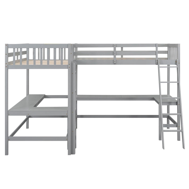 Lit mezzanine en bois en forme de L, double, avec échelle et 2 bureaux intégrés en forme de L