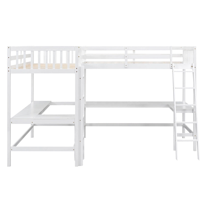 Lit mezzanine en bois en forme de L, double, avec échelle et 2 bureaux intégrés en forme de L