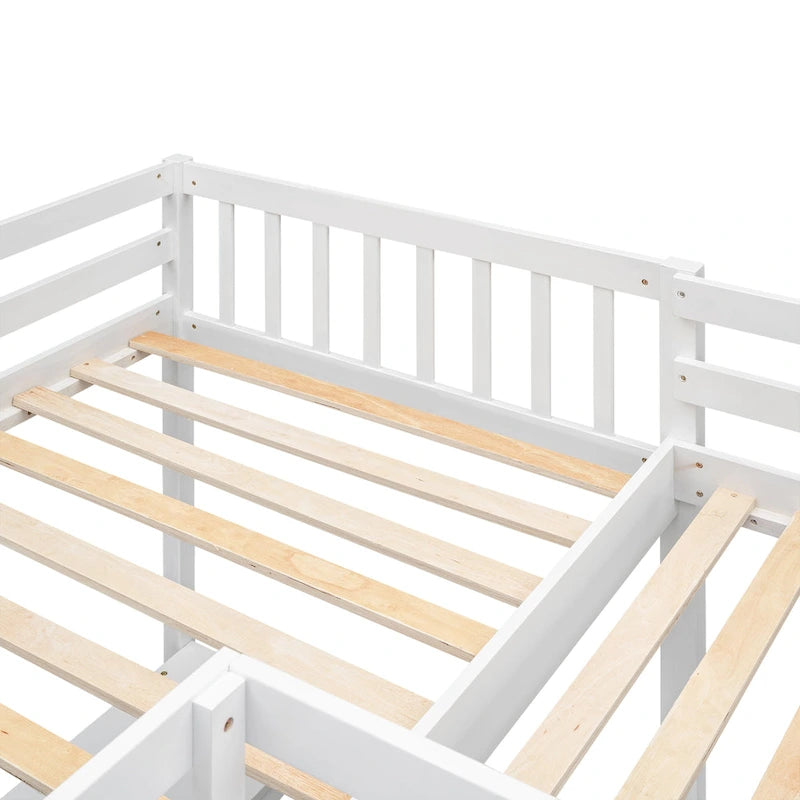 Lit mezzanine en bois en forme de L, double, avec échelle et 2 bureaux intégrés en forme de L