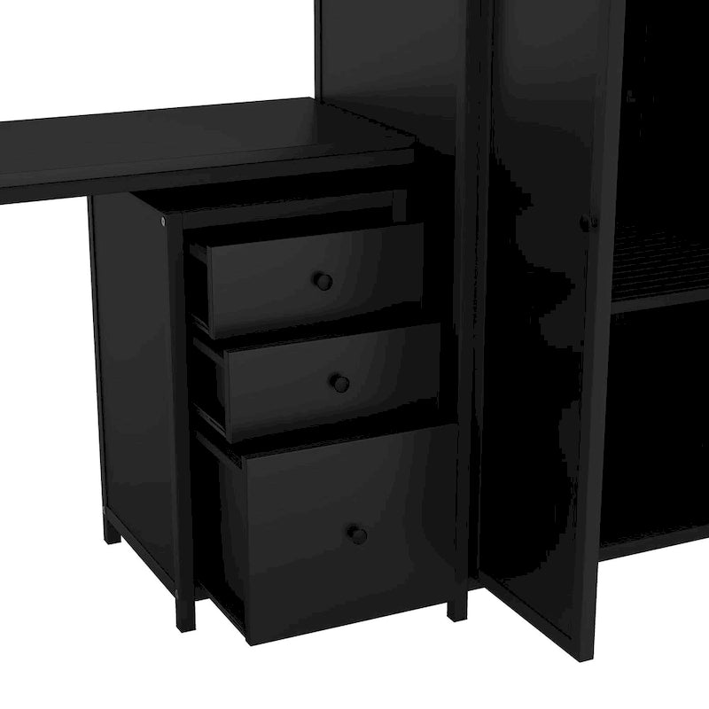 Lit mezzanine en métal avec table et armoire
