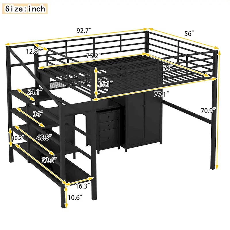 Lit mezzanine en métal avec table et armoire