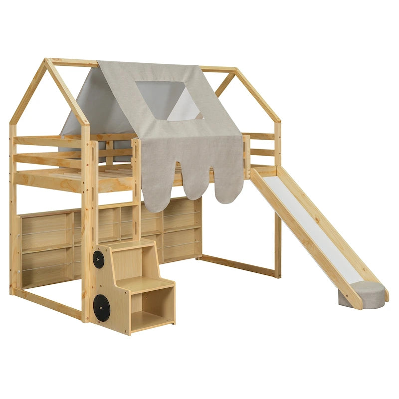 Lit mezzanine double en bois en forme de cabane avec une tente