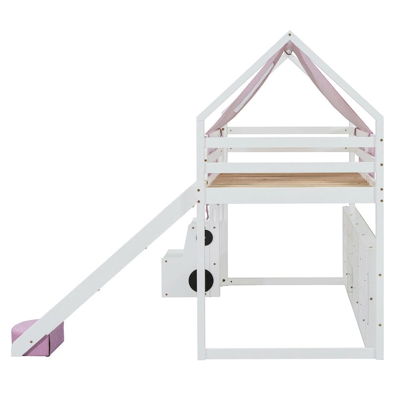 Twin size Wooden Loft Bed House-shaped Frame with a Tent