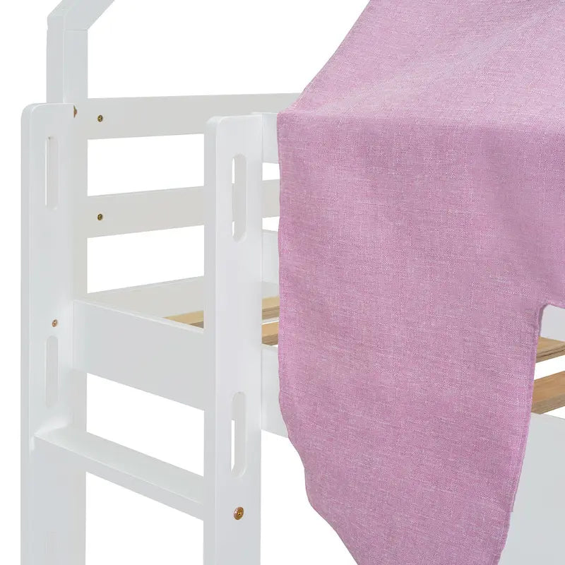 Lit mezzanine double en bois en forme de cabane avec une tente