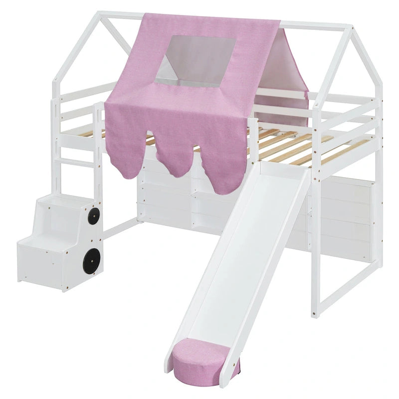 Lit mezzanine double en bois en forme de cabane avec une tente