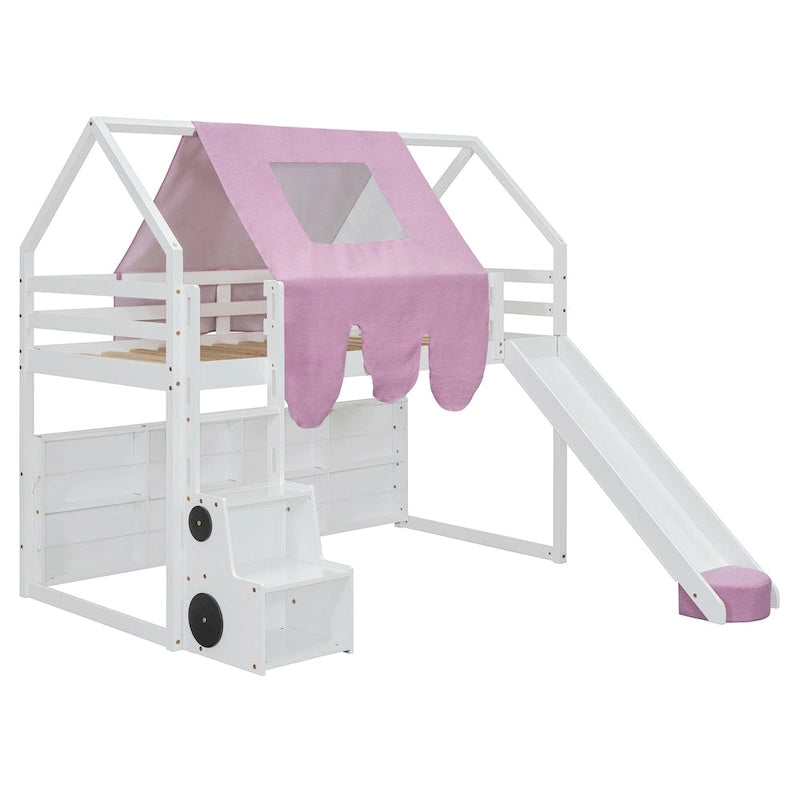 Lit mezzanine double en bois en forme de cabane avec une tente