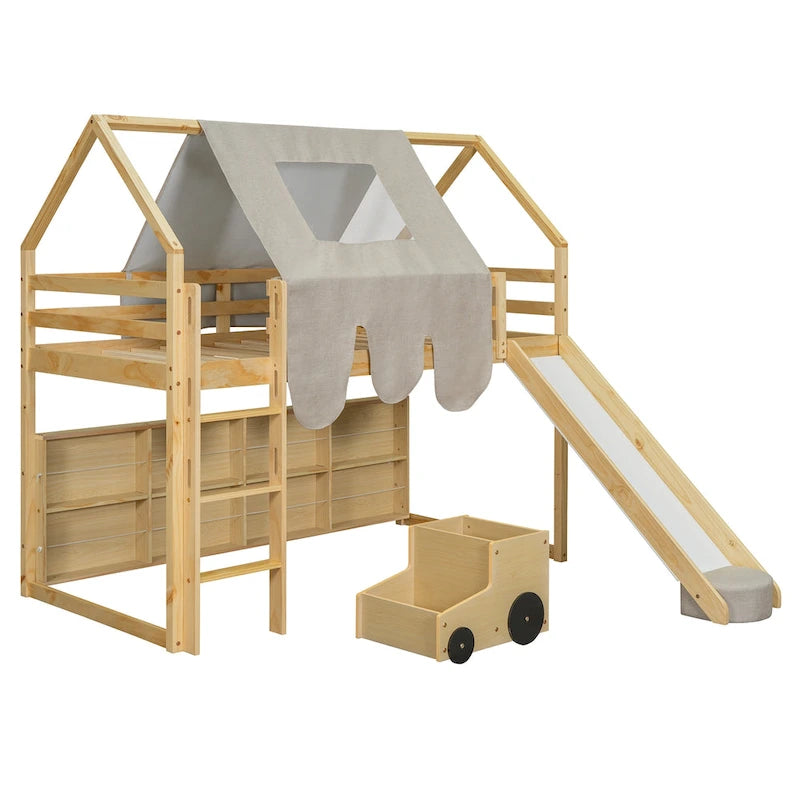 Lit mezzanine double en bois en forme de cabane avec une tente