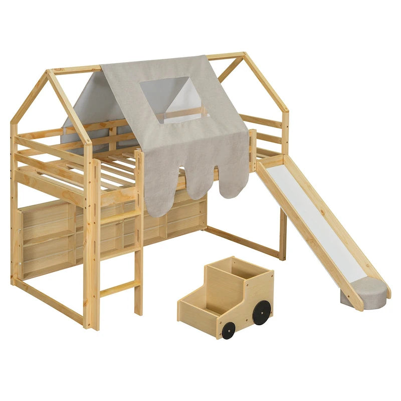 Lit mezzanine double en bois en forme de cabane avec une tente