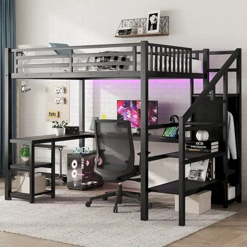 Lit mezzanine double avec bureau, armoire, LED, USB