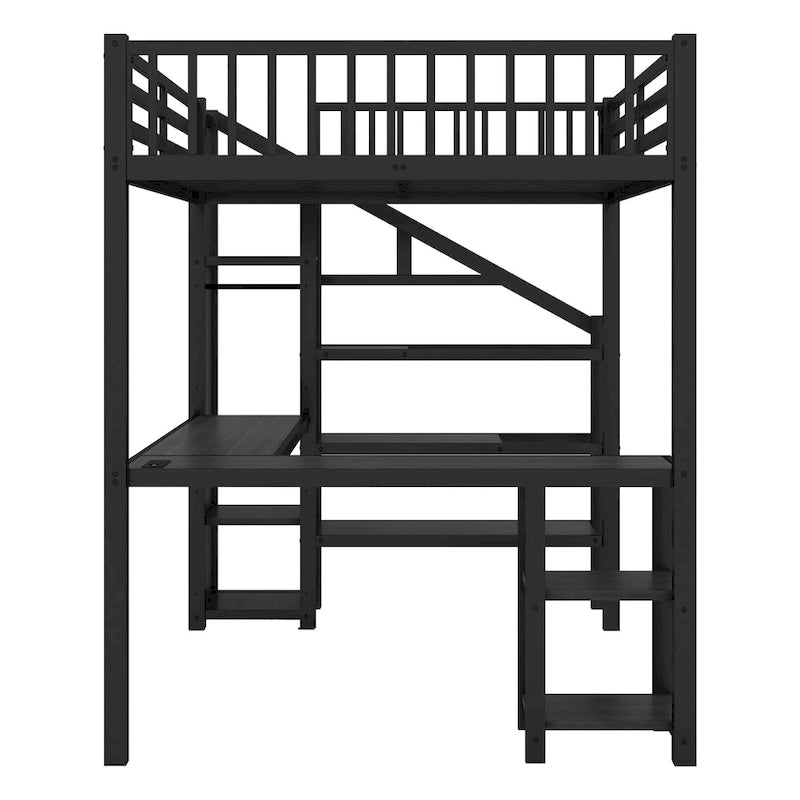 Lit mezzanine double avec bureau, armoire, LED, USB