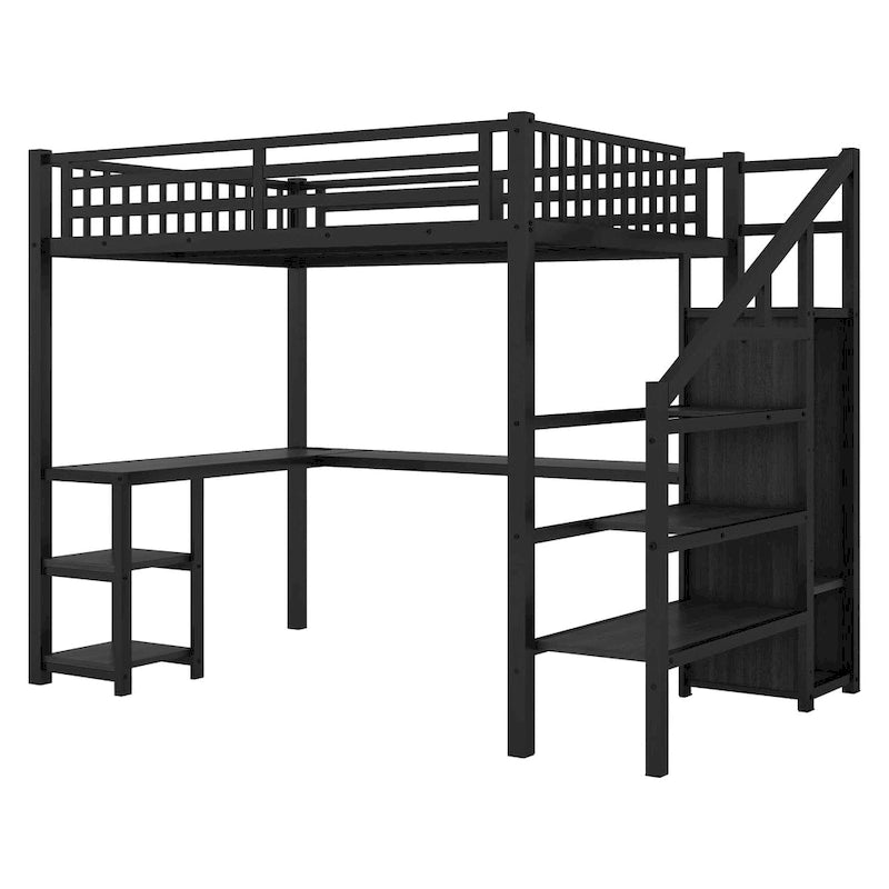 Lit mezzanine double avec bureau, armoire, LED, USB