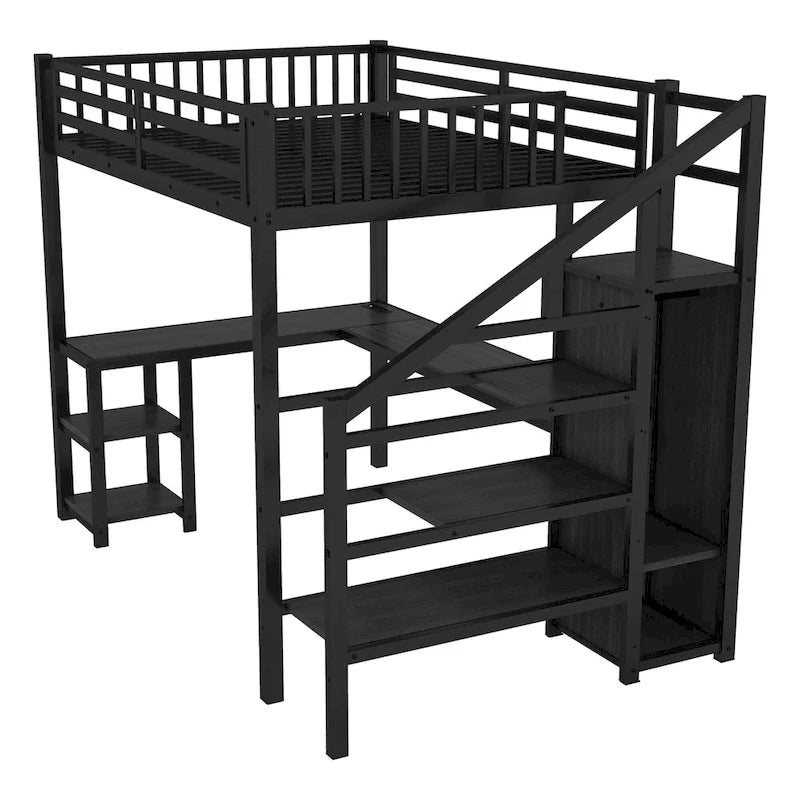 Lit mezzanine double avec bureau, armoire, LED, USB