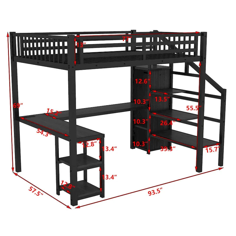 Lit mezzanine double avec bureau, armoire, LED, USB