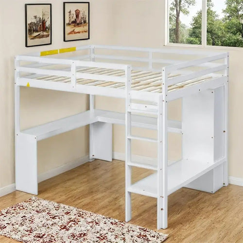 Lit mezzanine double avec bureau en L, armoire et étagères de rangement