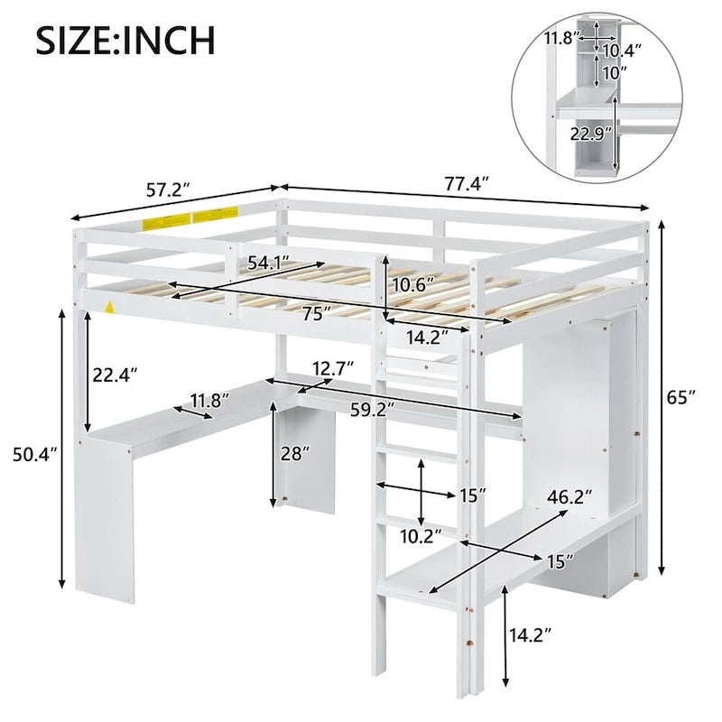 Lit mezzanine double avec bureau en L, armoire et étagères de rangement