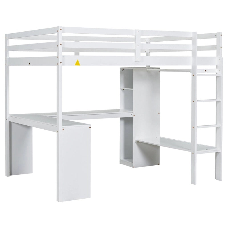 Lit mezzanine double avec bureau en L, armoire et étagères de rangement