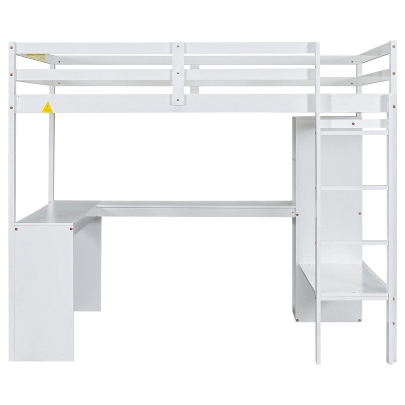 Lit mezzanine double avec bureau en L, armoire et étagères de rangement
