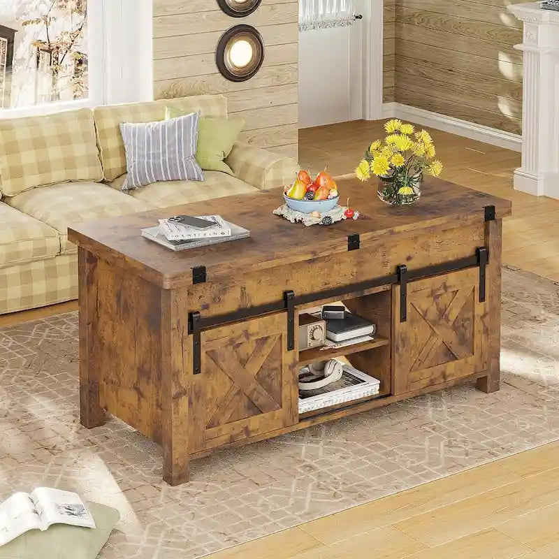 Table basse relevable avec 2 portes de grange coulissantes et rangement