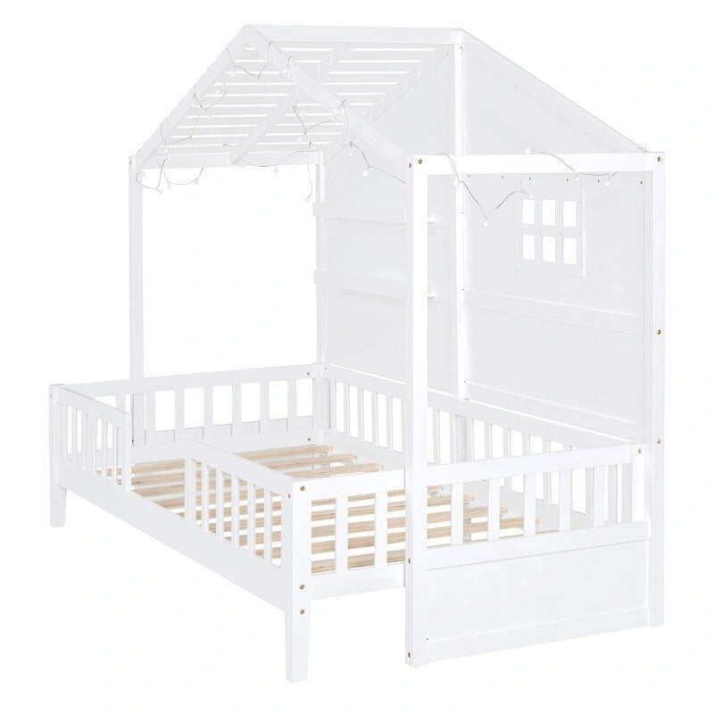 Twin Size House Bed with Shelves, House Bed with Window and Sparkling Light Strip on the Roof