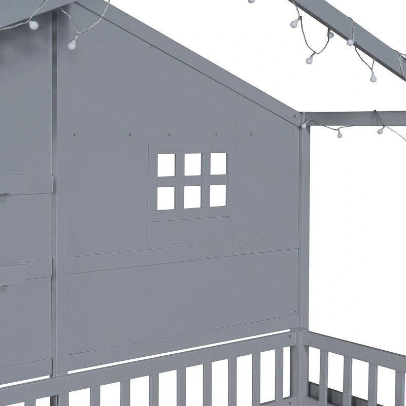 Lit cabane une place avec étagères et bande lumineuse scintillante sur le toit