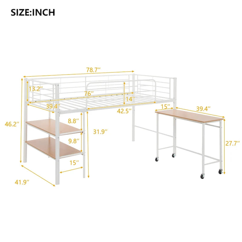 Twin Size Metal Loft Bed with Desk and Shelves