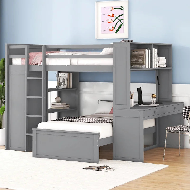 Lit mezzanine pleine grandeur avec lit jumeau autonome, bureau et armoire