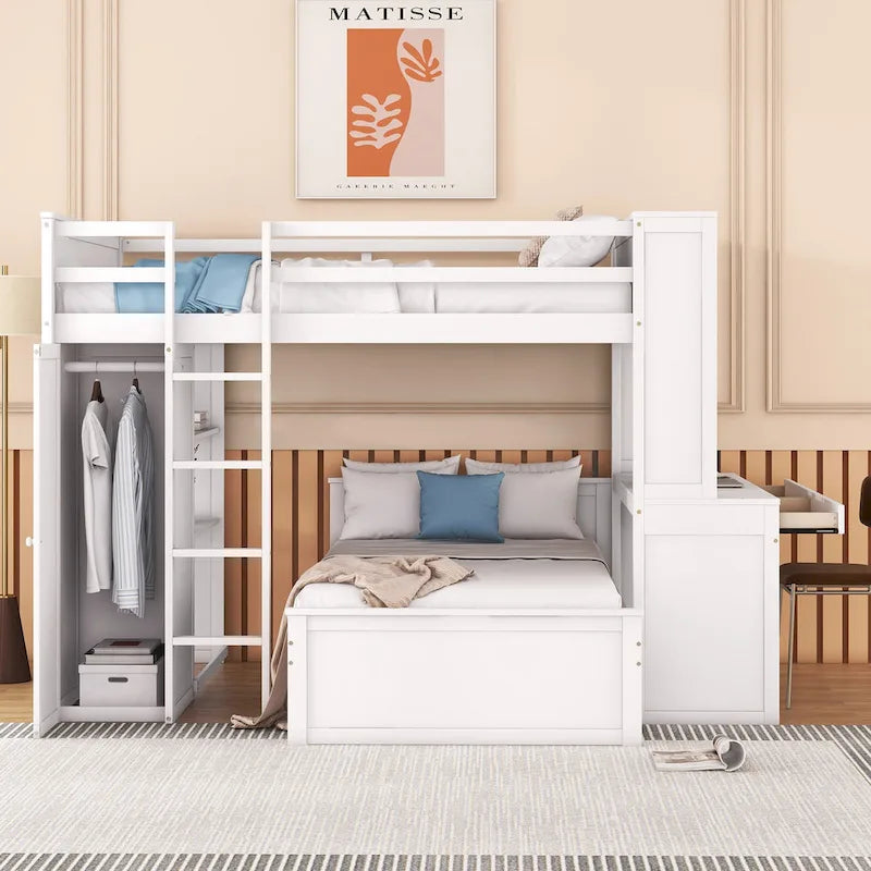 Lit mezzanine pleine grandeur avec lit jumeau autonome, bureau et armoire