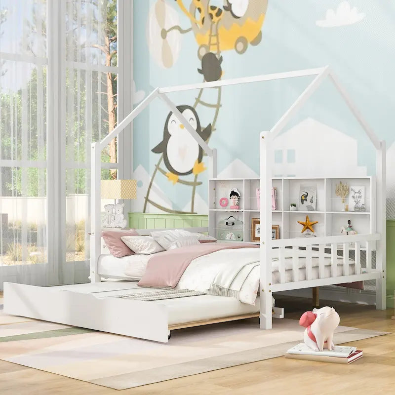 Lit cabane en bois, taille double, avec lit gigogne