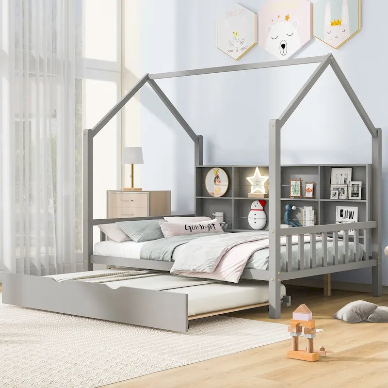 Lit cabane en bois, taille double, avec lit gigogne