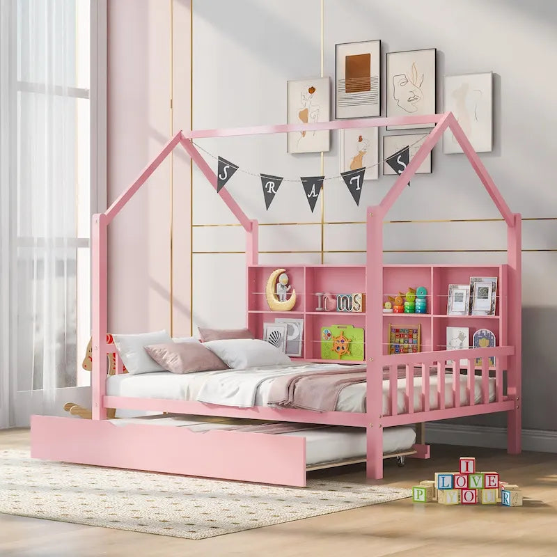 Lit cabane en bois, taille double, avec lit gigogne