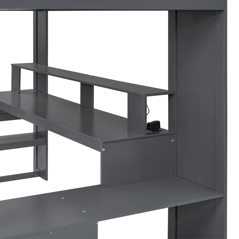 Lit mezzanine de jeu pleine taille en bois avec bureau, étagères de rangement multiples, LED et station de charge, gris foncé