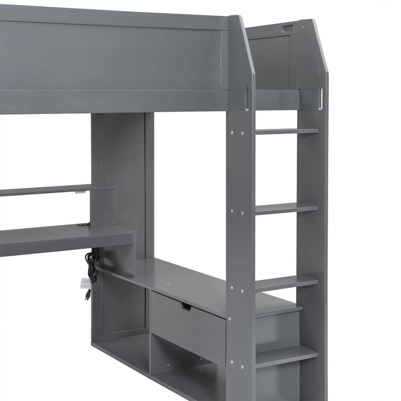 Lit mezzanine de jeu pleine taille en bois avec bureau, étagères de rangement multiples, LED et station de charge, gris foncé