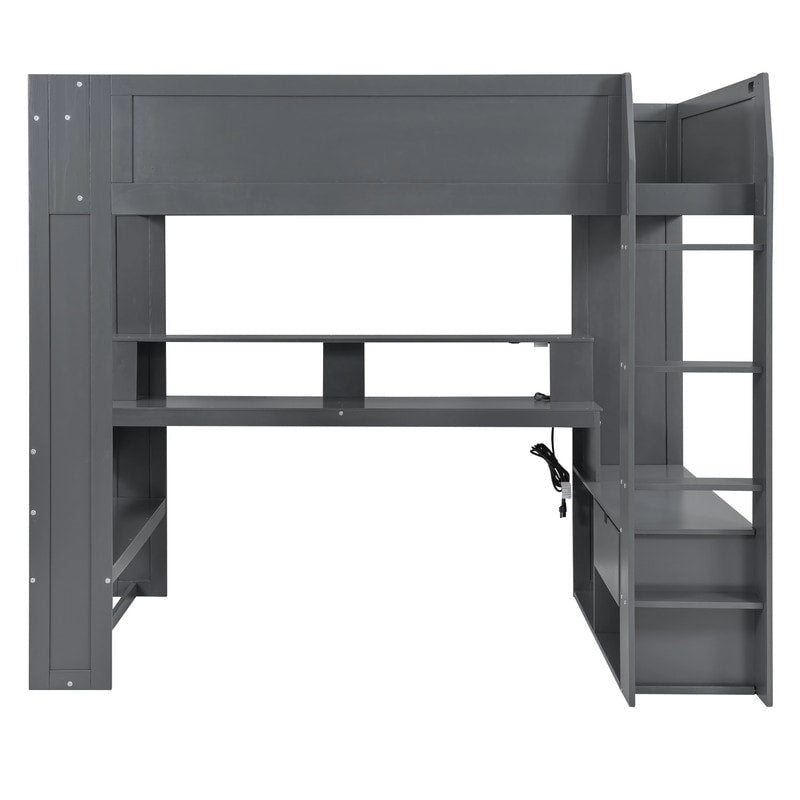 Lit mezzanine de jeu pleine taille en bois avec bureau, étagères de rangement multiples, LED et station de charge, gris foncé