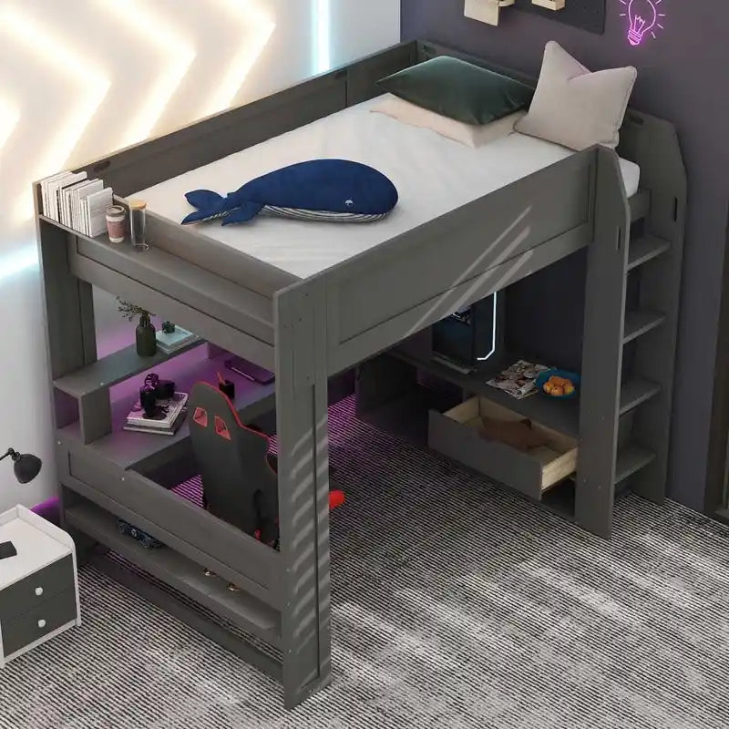 Lit mezzanine de jeu pleine taille en bois avec bureau, étagères de rangement multiples, LED et station de charge, gris foncé