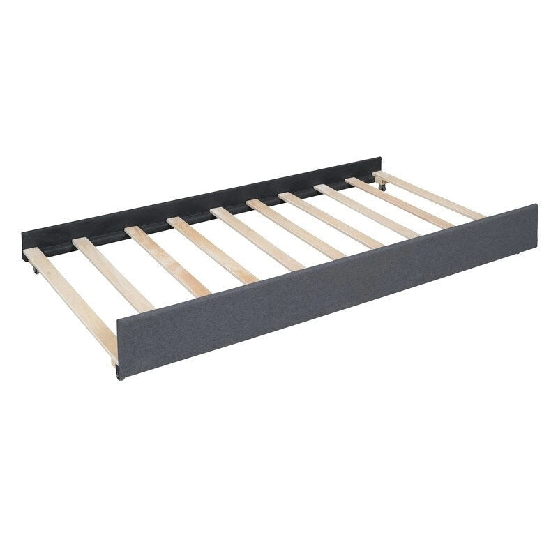 Lit plate-forme rembourré double avec lit gigogne simple et 2 tiroirs