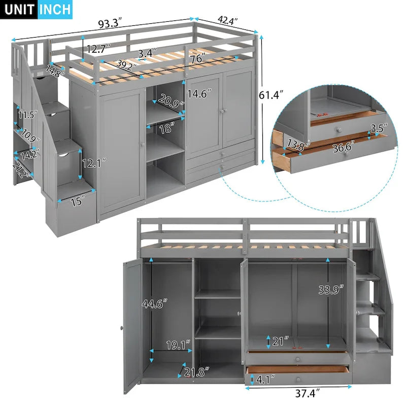 Lit mezzanine fonctionnel avec 3 étagères, 2 armoires et 2 tiroirs, échelle avec rangement, pas besoin de sommier tapissier, gris