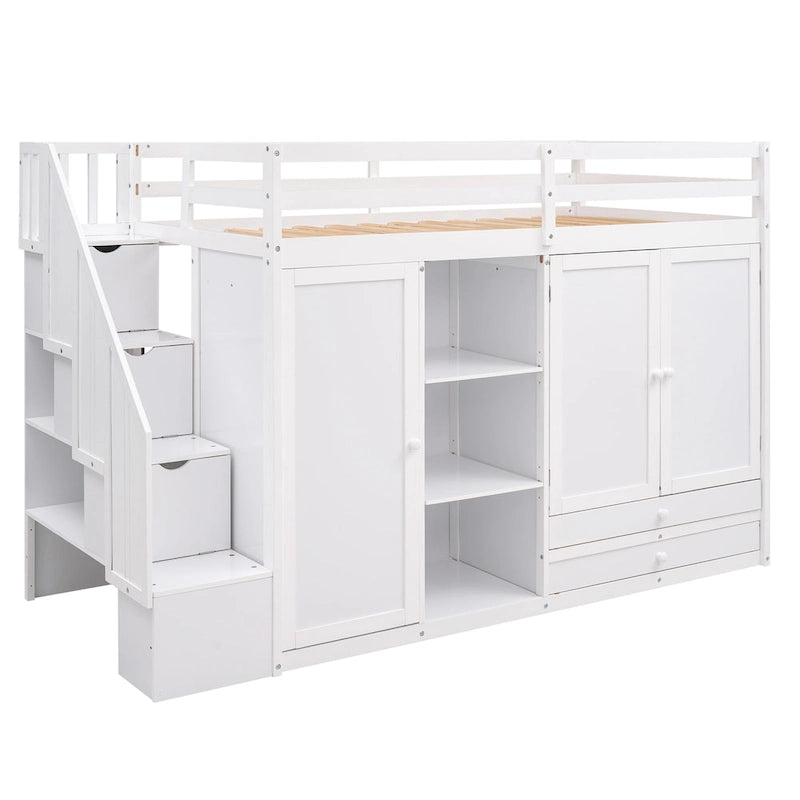 Lit mezzanine fonctionnel avec 3 étagères, 2 armoires et 2 tiroirs, échelle avec rangement, pas besoin de sommier tapissier, gris