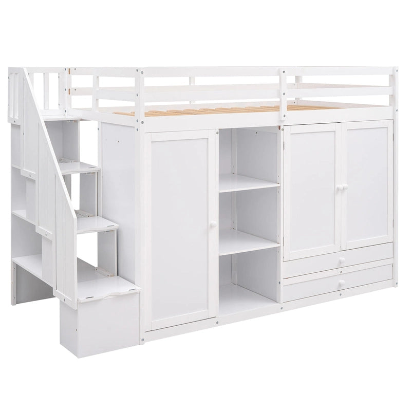 Lit mezzanine fonctionnel avec 3 étagères, 2 armoires et 2 tiroirs, échelle avec rangement, pas besoin de sommier tapissier, gris