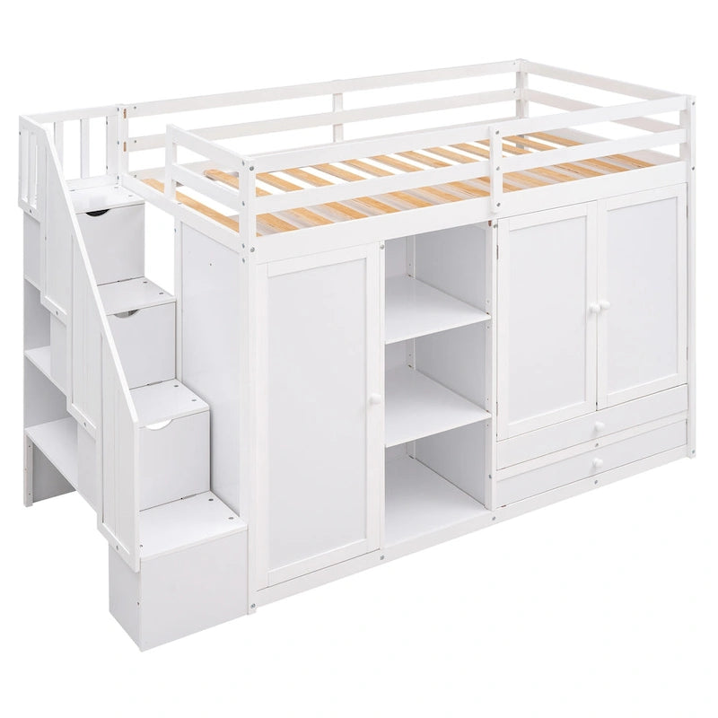 Lit mezzanine fonctionnel avec 3 étagères, 2 armoires et 2 tiroirs, échelle avec rangement, pas besoin de sommier tapissier, gris